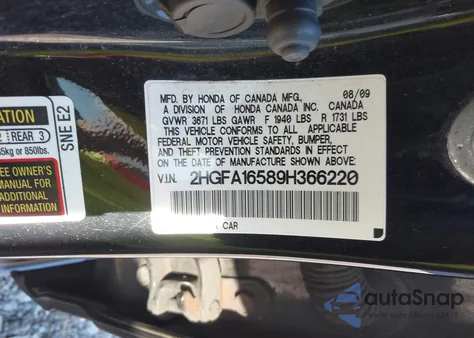 2009 Honda Civic Lx z USA, uszkodzony, nr VIN 2HGFA16589H366220